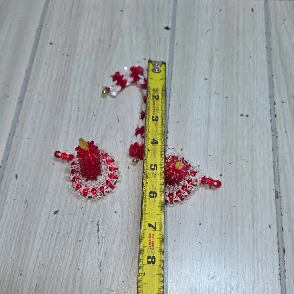 Vtg Handmade Plastic Beaded Candle Sticks & Candy Cane Christmas 3” Set of 3